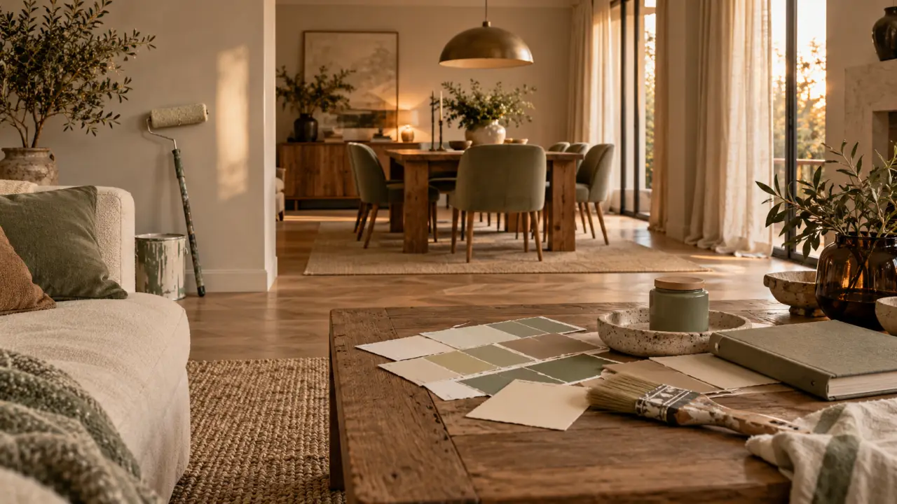 Couleur pour salle à manger et salon : palette blanc cassé et beige, accent vert sauge
