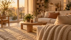 Déco scandinave cocooning : salon clair, tapis laine et bois blond
