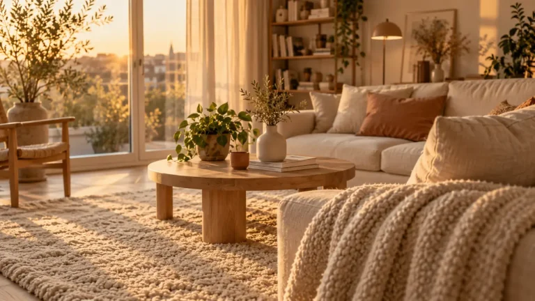 La déco scandinave cocooning réchauffe un salon clair sans l’encombrer Déco scandinave cocooning : salon clair, tapis laine et bois blond