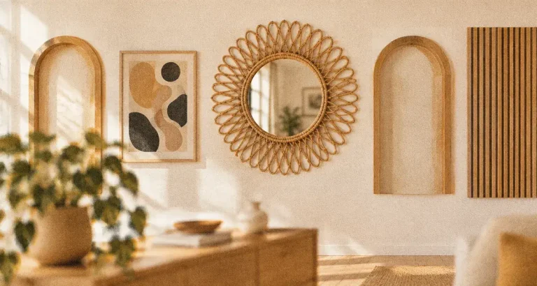 Décoration murale tendance : l’erreur de mur galerie qui déséquilibre toute la pièce Décoration murale tendance : mur galerie avec miroir soleil et tableaux.