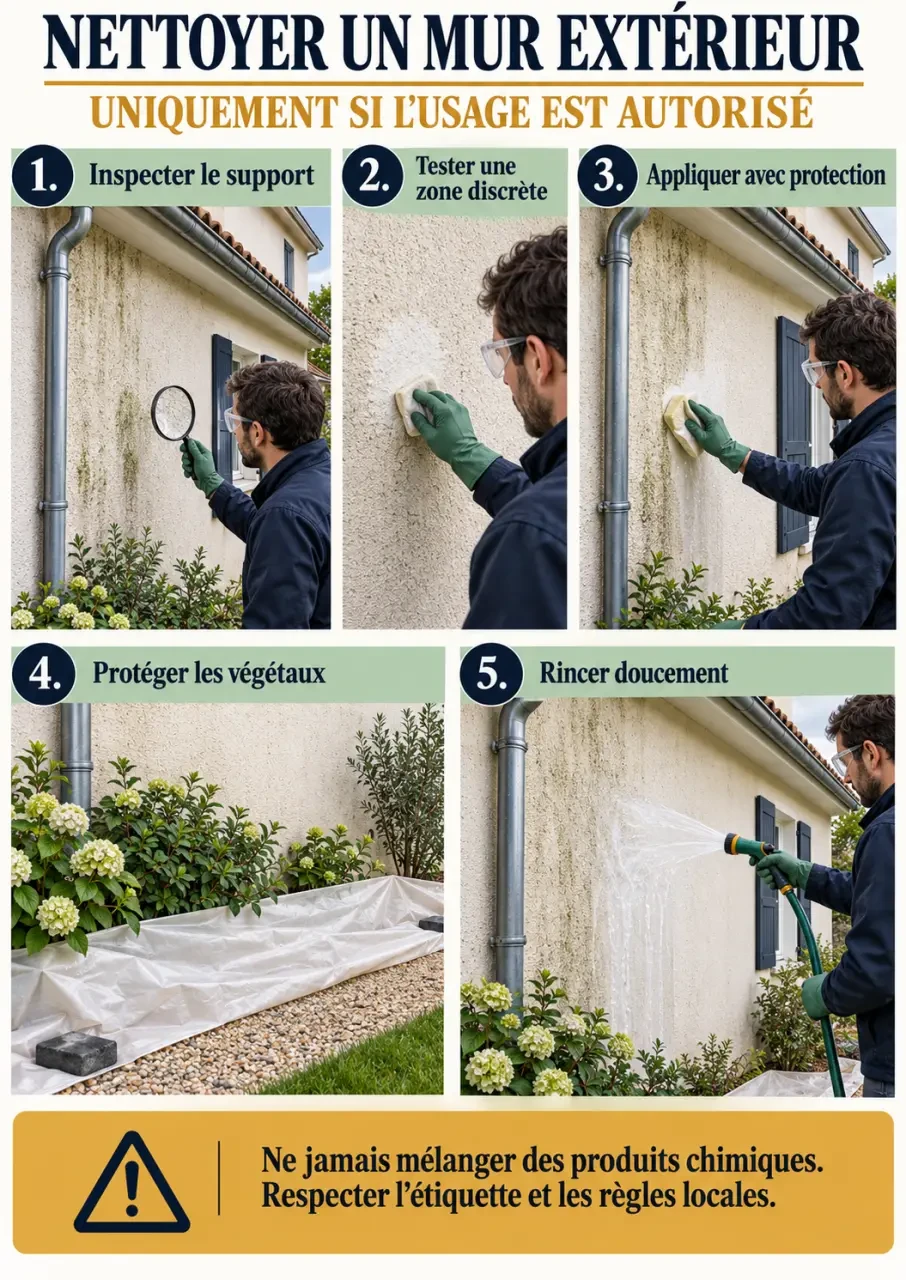 Étapes prudentes pour utiliser l’eau de Javel pour nettoyer un mur extérieur
