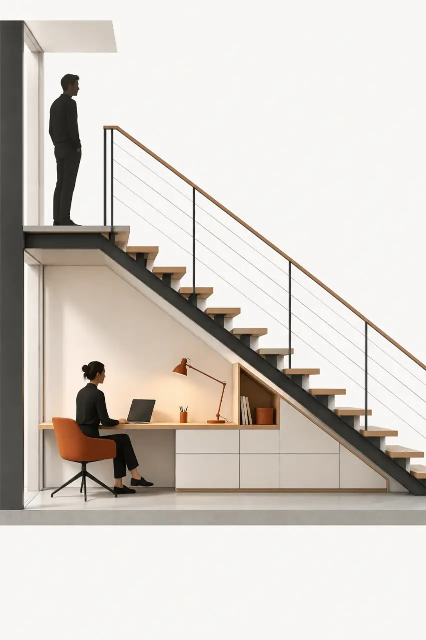 Bureau fonctionnel dans un aménagement sous escalier ouvert avec rangements intégrés