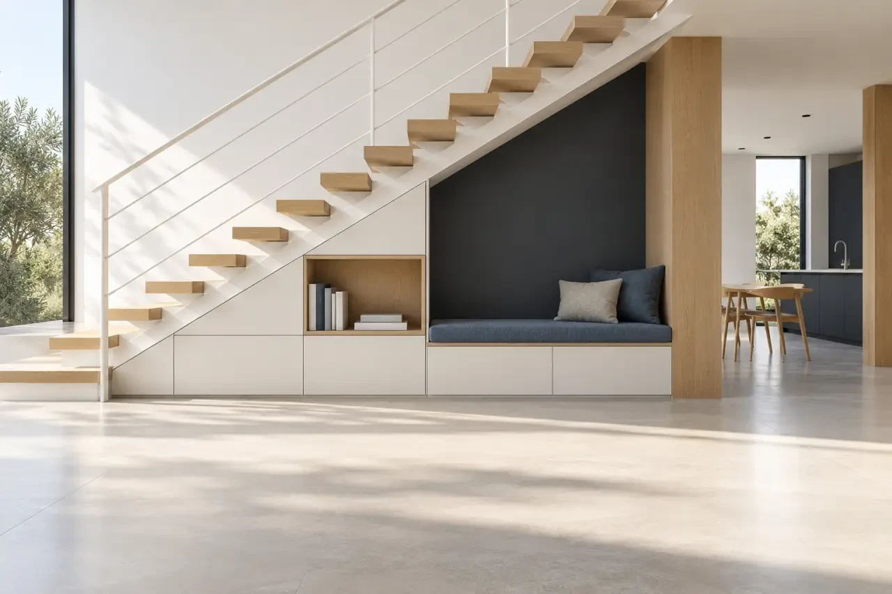 Aménagement sous escalier ouvert avec rangement bas et banquette dans un salon lumineux
