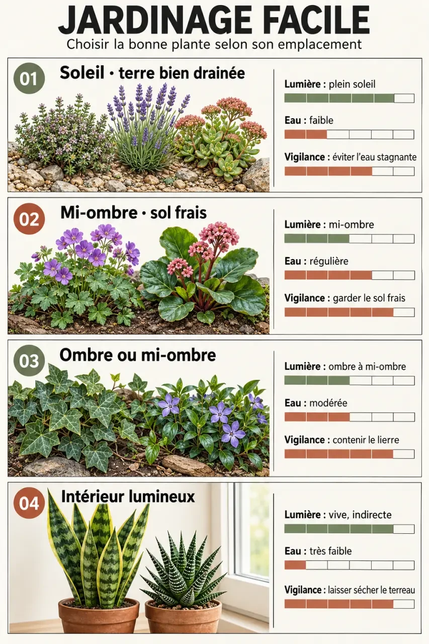 Jardiner facile : plantes adaptées à la lumière et aux besoins en eau