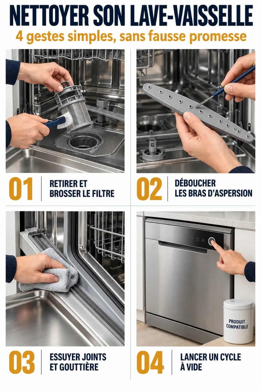 Nettoyer un lave-vaisselle naturellement : étapes pour le filtre, les bras d’aspersion et les joints