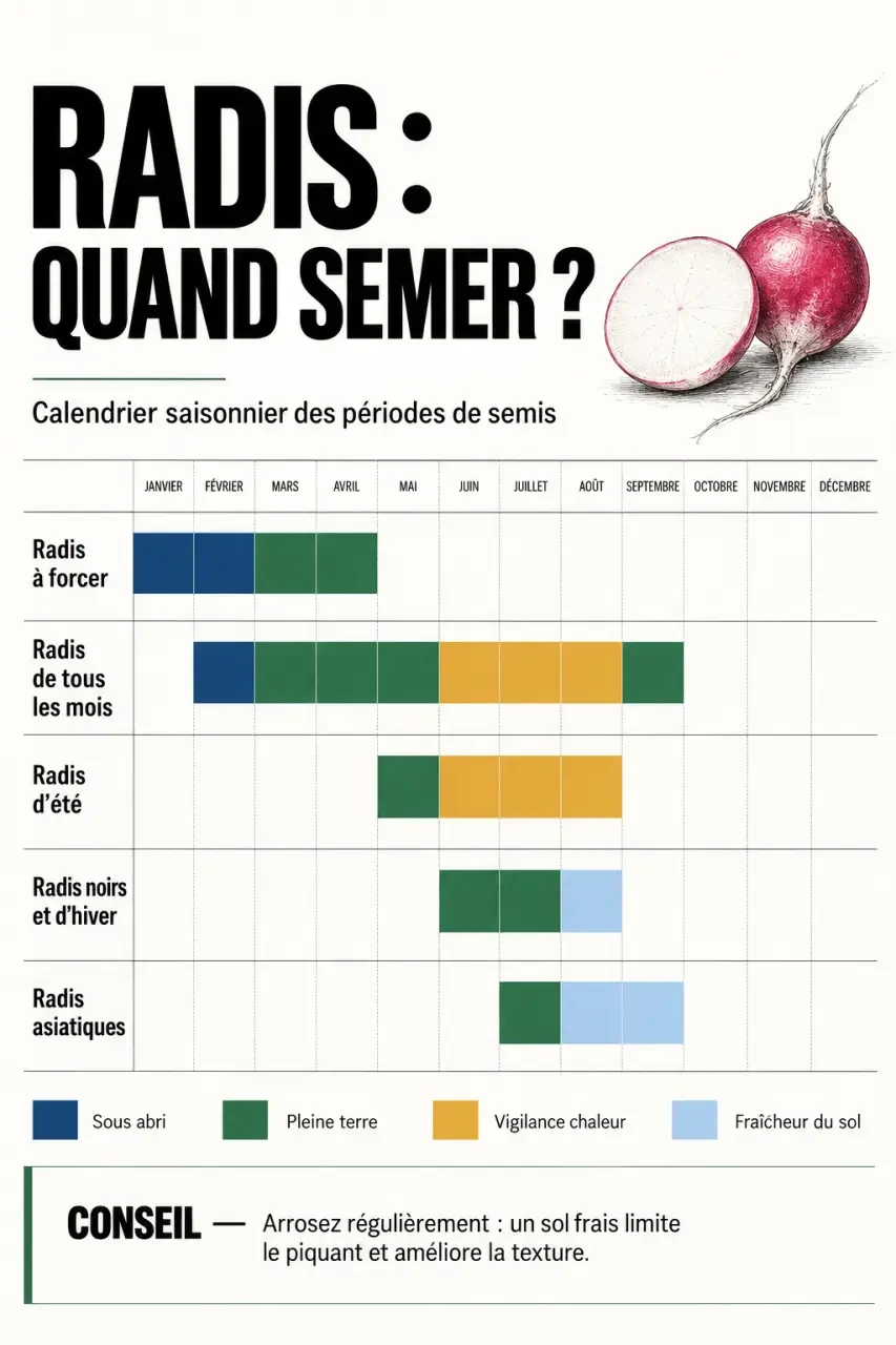 Radis quand semer : calendrier visuel des périodes de semis selon les variétés et les saisons