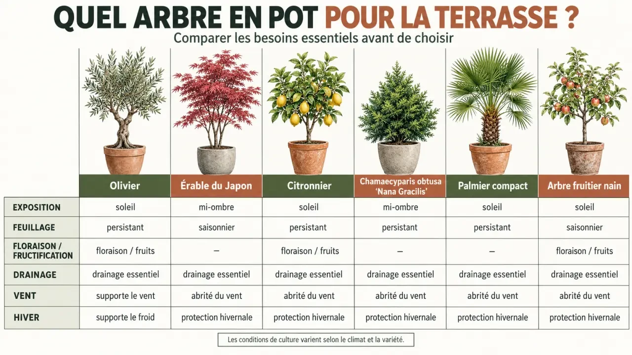 Infographie pour choisir un arbre terrasse pot selon l’exposition et l’entretien
