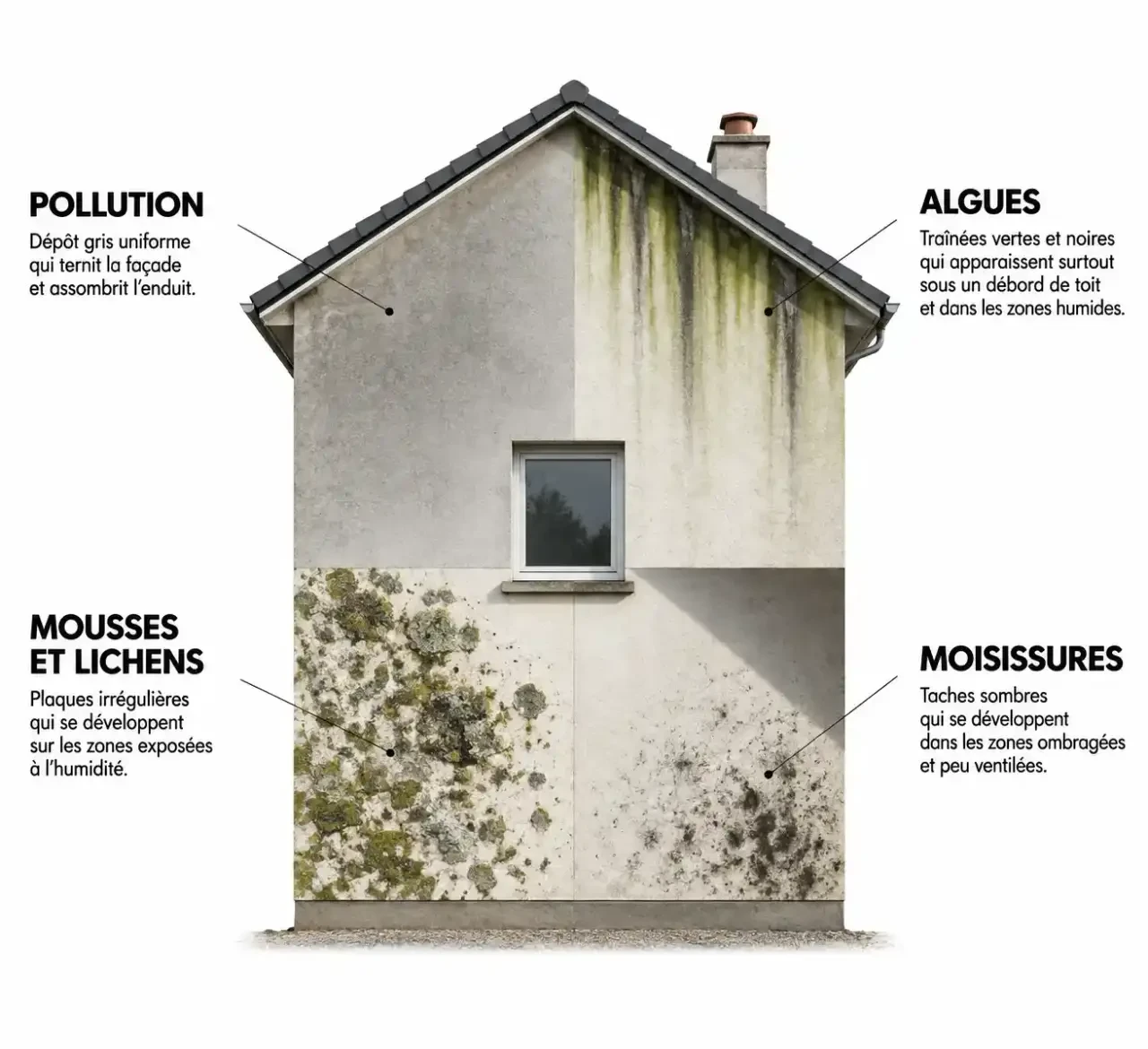 Schéma pour enlever trace noir sur mur extérieur : distinguer pollution, mousses, algues et moisissures sur une façade