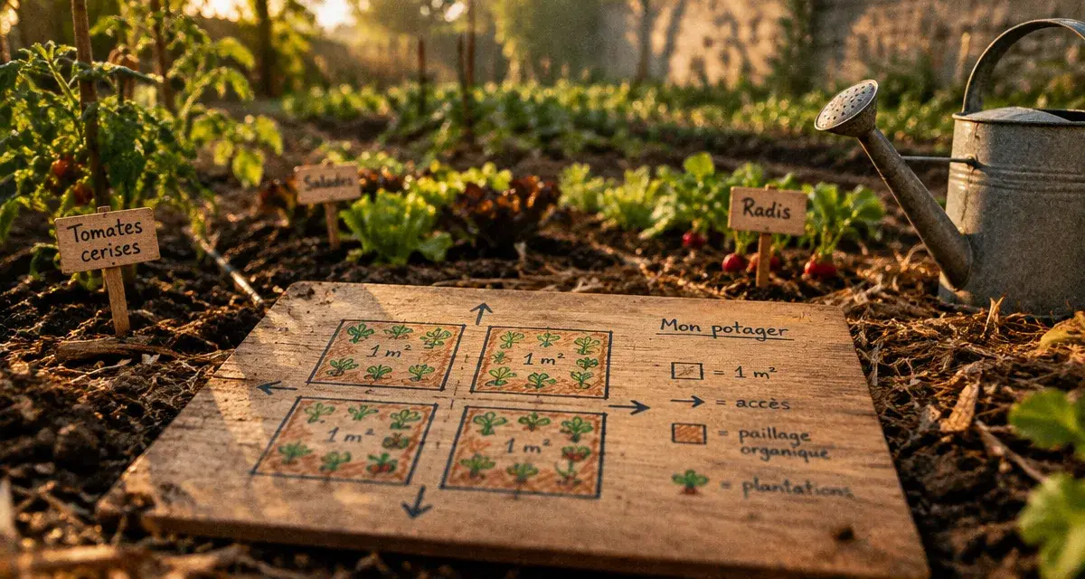 Plan potager debutant 4 m² : carrés, paillage, accès