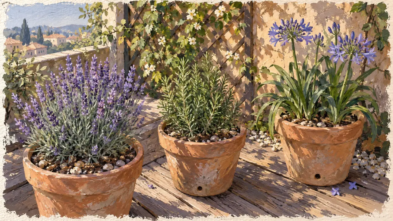 Plantes extérieur terrasse en pots en terre cuite : lavande, romarin et agapanthes