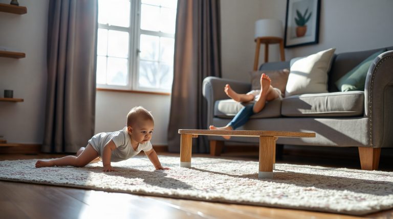 Sécuriser la maison avant que bébé rampe : le guide pièce par pièce Salon sécurisé avec protège-angles sur table basse et bébé au sol