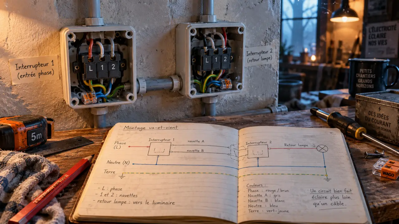 Schéma électricité va et vient : phase, navettes et retour lampe